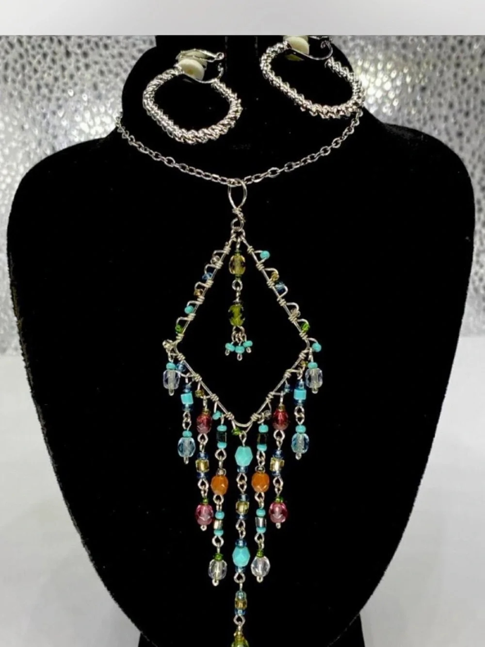 Southwestern ***  Custom ^^^ Beaded Silver-Tone Fringe   Necklace / Earrings ***